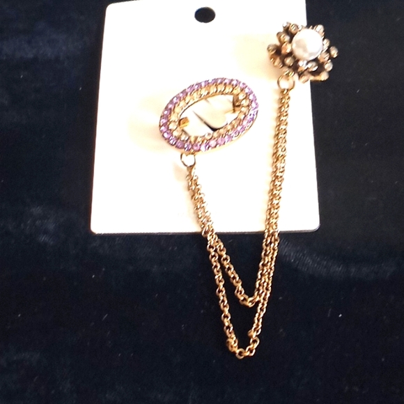 Tanzanite & Pearl Rhinestoned Chain Brooch - Picture 4 of 11